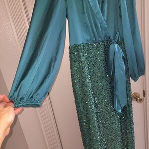 Elegant Teal Long Sleeve Dress with Sequin Skirt